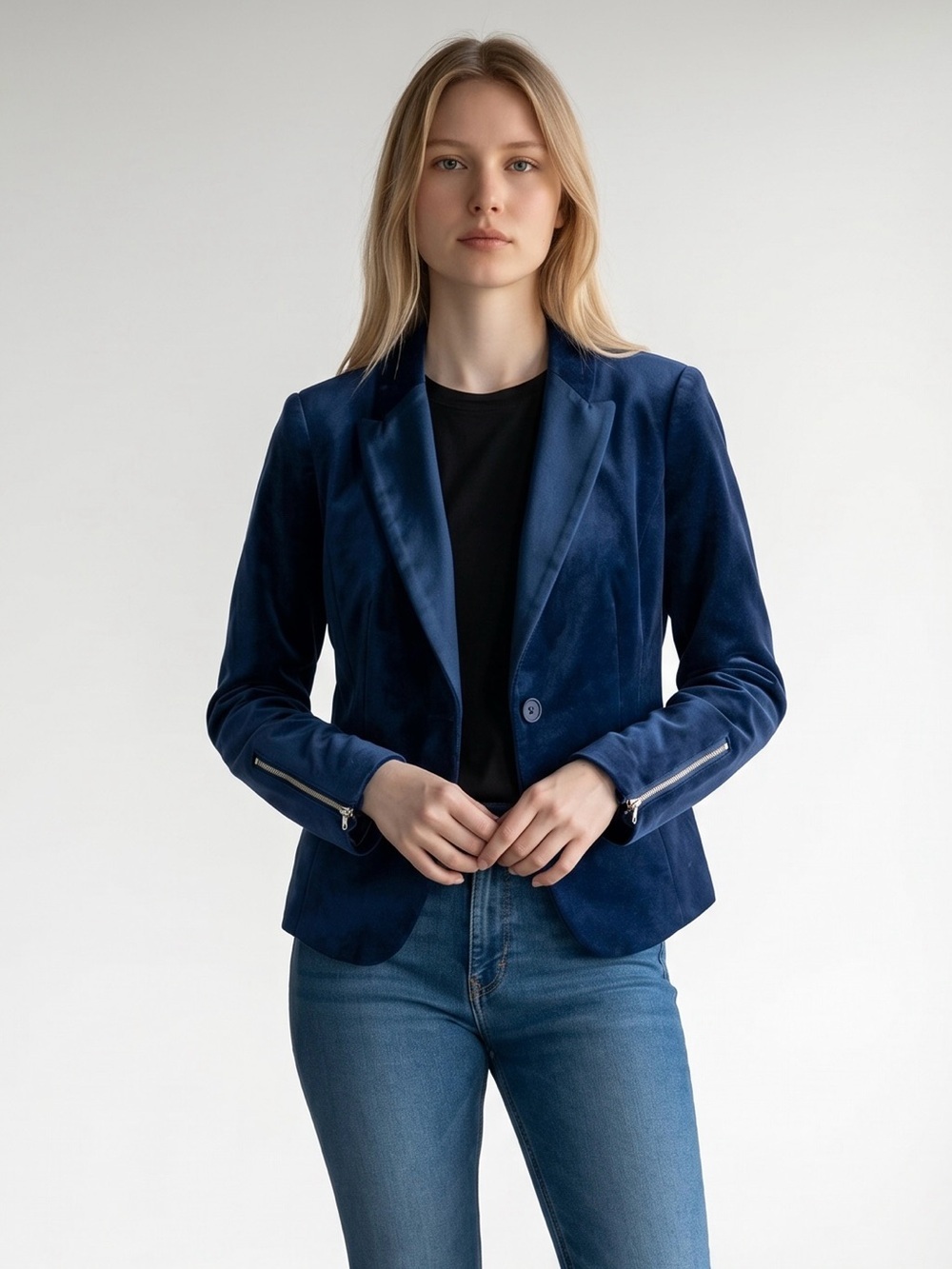 New hinge Navy Velvet Single Button Cotton Blazer Size M